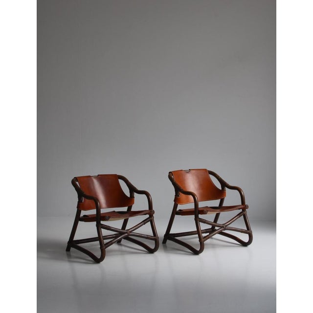 1960s Set of Modern Danish Lounge Chairs Manilla in Stained Bamboo and Saddle Leather, 1960s For Sale - Image 5 of 18