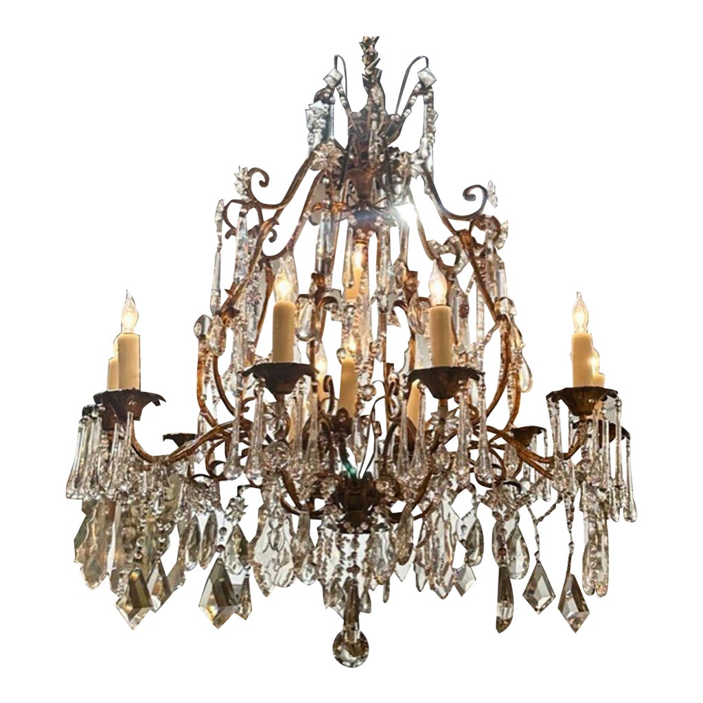 Pair of Antique Italian Crystal and Amethyst 14 Light Chandeliers