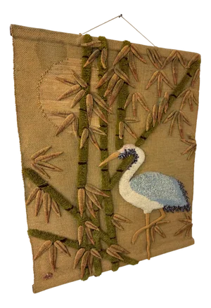 Mid-Century Crane and Bamboo Forest Jute Wall Tapestry, 1970s