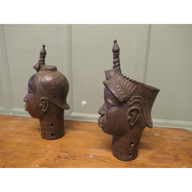 Modern Benin Heads Lost-Wax Casting, 1950, Bronze, Set of 2 For Sale - Image 3 of 7