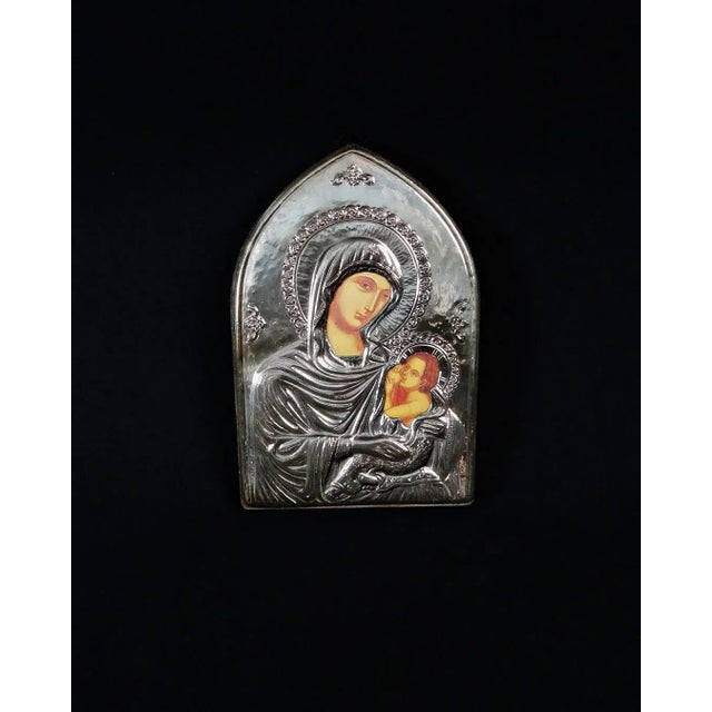 Orthodox Religious Icon of the Virgin and Child in 925 Silver Repoussé, 1990s For Sale - Image 10 of 10