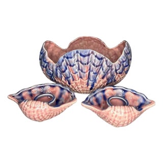 Mid 20th Century Vintage Pink and Purple Ceramic Majolica Clam Shell Candle Holder and Bowl Set - 3 Piece Set For Sale