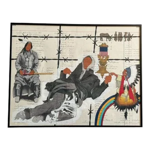 Contemporary Drawing on an 1891 Ledger Page "No Boundaries" by Native American Artist