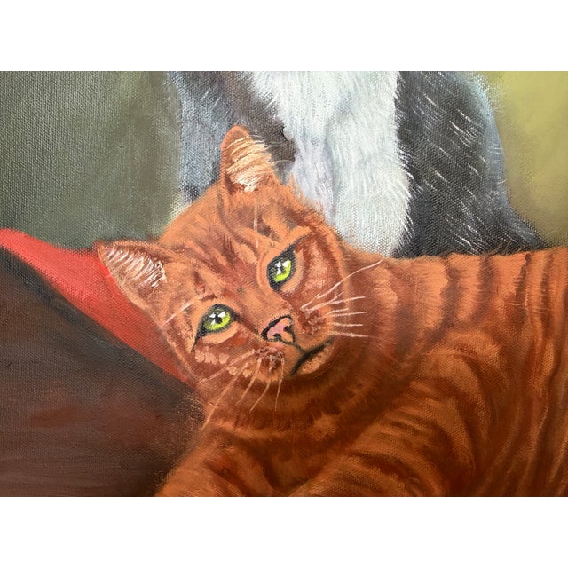 Signed Oil Painting of Three Cats, Cat Lover Wall Art, Framed Feline Portrait For Sale - Image 4 of 11