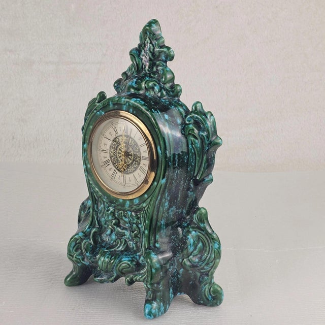 Rococo Vintage West German Green & Turquoise Ceramic Mantel Clock, Baroque Rococo Style For Sale - Image 3 of 13