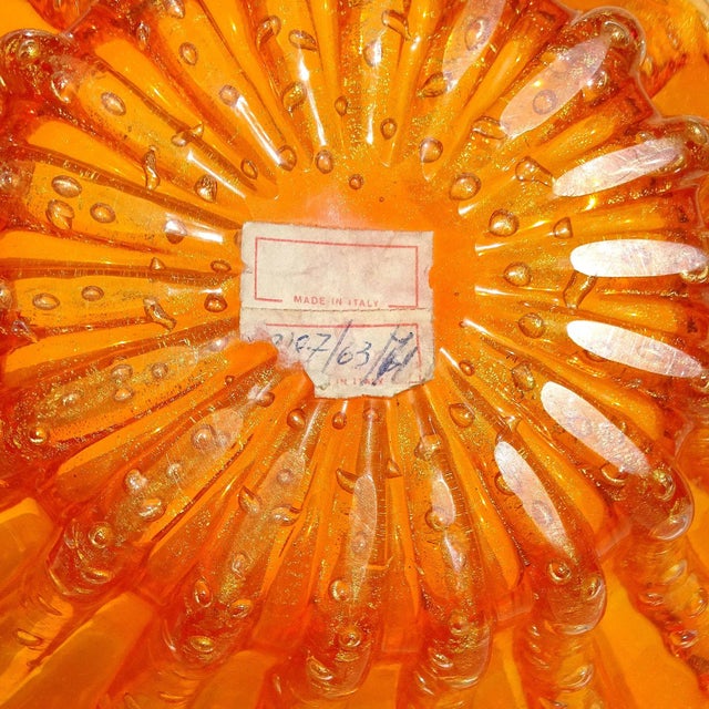 Glass Vintage Barovier Toso Murano Bright Orange Bubbles Gold Flecks Italian Art Glass Scalloped Bowl For Sale - Image 7 of 8