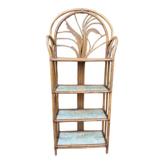 Vintage Spanish Bamboo Rack With 4 Capiz Lined Shelves For Sale