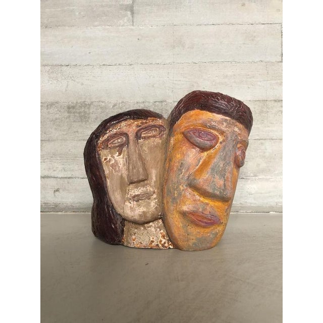 Naïve Folk Art Wooden Sculpture of Couple, 1970s For Sale - Image 3 of 6