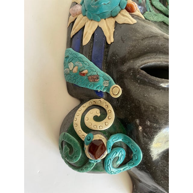 Vintage Mexican Folk Art Ceramic & Stone Embellished Sculptural Wall Mask For Sale - Image 11 of 12