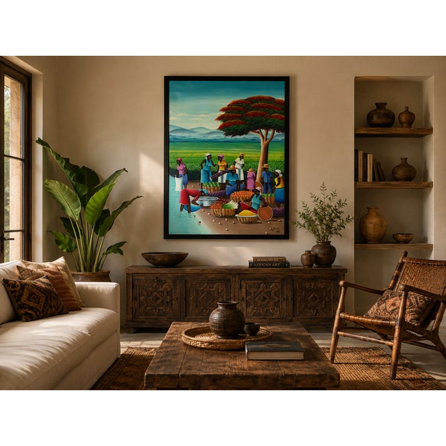 Vibrant vintage Haitian folk art oil painting on canvas, signed Barnes Haiti in the lower right. The colorful composition...