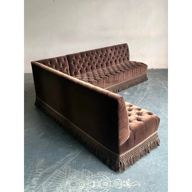 Wood Vintage Boho Custom Schumacher Velvet Tufted Sectional For Sale - Image 7 of 13