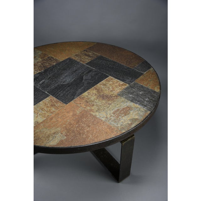 Brutalist Round Coffee Table in Norwegian Slate, Concrete and Hammered Brass attributed to Paul Kingma, Netherlands, 1970s For Sale - Image 6 of 14