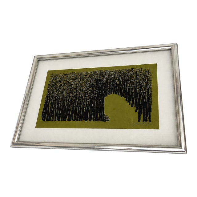 Vintage Antonio Frasconi Woodcut Printed on Green Paper With New Silver / Wood Frame and Float Detail, Circa 1965 For Sale