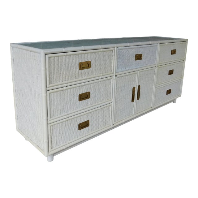 Faux Bamboo Campaign Style Wicker Dresser Coastal Style Attributed to Henry Link For Sale