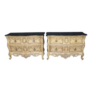 Fine Pair Crackle Paint Decorated Creme and Marble Top French Louis XV Commodes For Sale