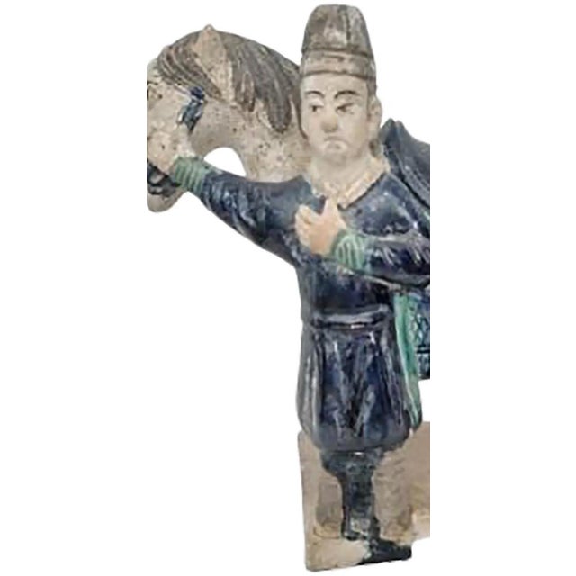 Ceramic Antique 16th Century Chinese Ming Dynasty Glazed Pottery Horse and Groom - Rare Cobalt Blue and Turquoise Mingqi For Sale - Image 7 of 13