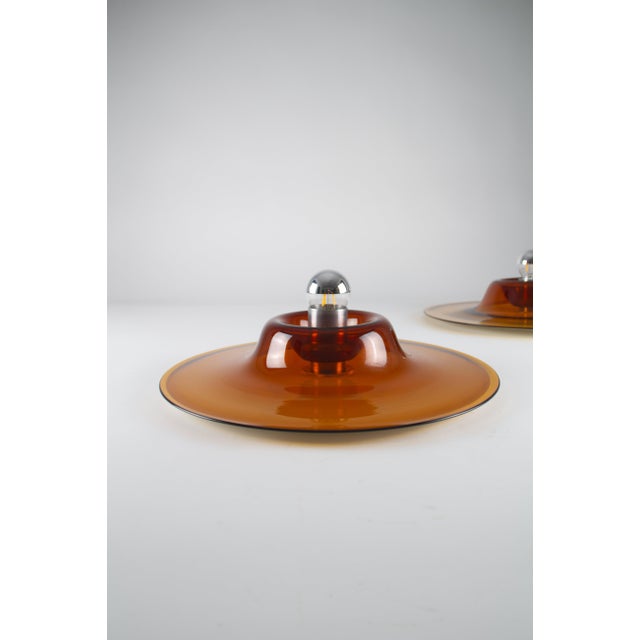 Metal Space Age Amber Murano Glass Disc Wall Lights by Pierre Cardin for Venini, Italy, 1969, Set of 2 For Sale - Image 7 of 9