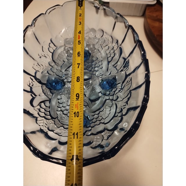 1970s Vintage Indiana Glass Blue Harvest Footed Fruit Bowl, Large Oval For Sale - Image 5 of 8