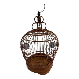 1980's Asian Bamboo Birdcage With Ceramic Feeders For Sale