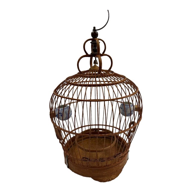 1980's Asian Bamboo Birdcage With Ceramic Feeders For Sale