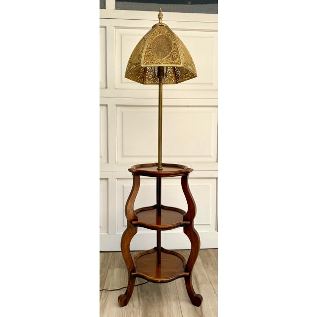 Mid 20th Century Tiered Wood Floor Lamp With Ornate Gold Filigree Shade For Sale - Image 12 of 12