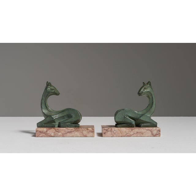 Art Deco Pair of 1920s French Forest Green Art Deco Signed Figures on Marble Bases For Sale - Image 3 of 15