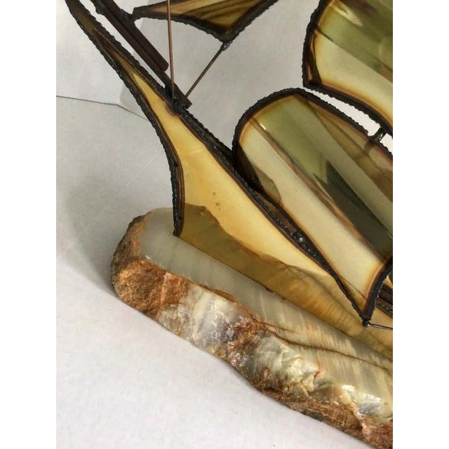 Metal 1960s Brass Ship Sculpture on Onyx Stone Base For Sale - Image 7 of 8