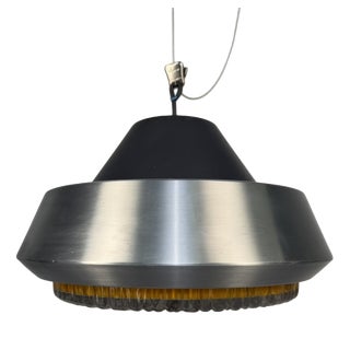Space Age Pendant Lamp in Brushed Aluminium and Amber Pressed Glass, 1970s For Sale