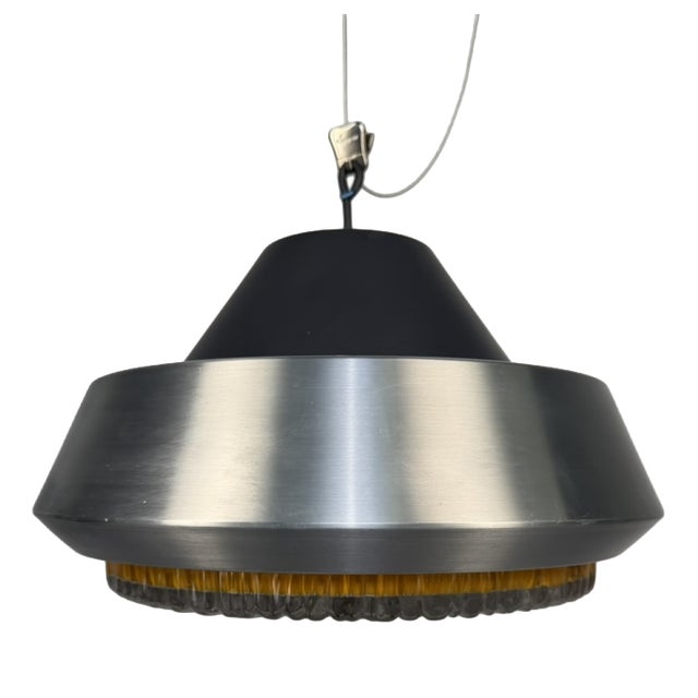 Space Age Pendant Lamp in Brushed Aluminium and Amber Pressed Glass, 1970s For Sale