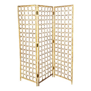 1970’s Mid Century Boho Chic Bamboo & Rattan Circles Design Motif 3-Panel Room Screen Divider For Sale