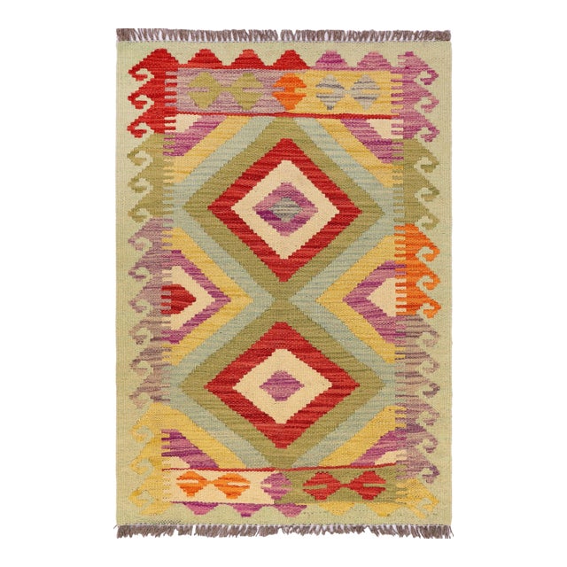 Southwestern Turkish Kilim Blue Red Hand-Woven Wool Rug For Sale