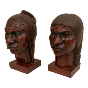 Pair of Carved Wood Sculptures of Inca Indians by Mexican Artist Flores Arias
