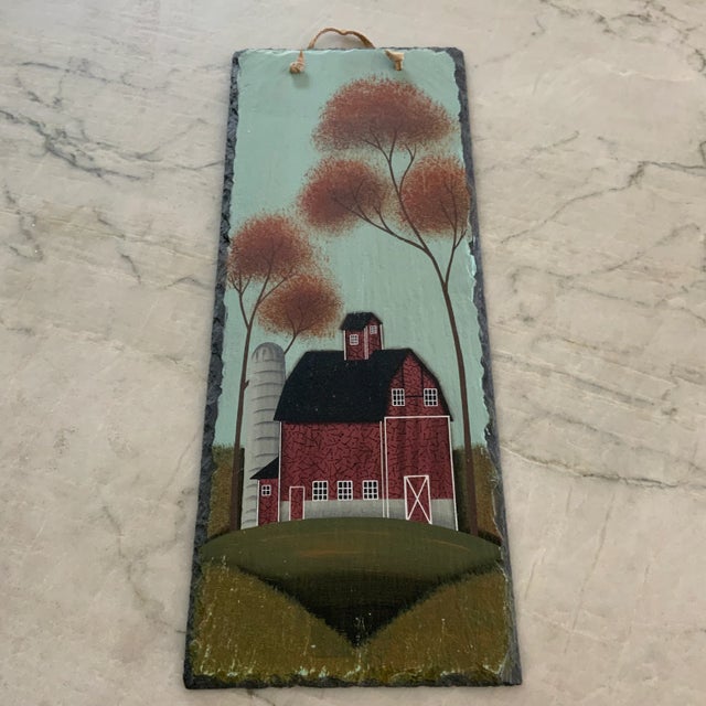 Stone Vintage Rustic Hand Painted Slate Wall Hanging Featuring a Red Barn For Sale - Image 7 of 7