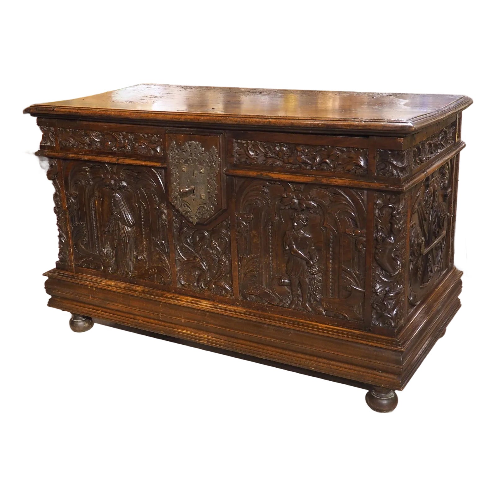Antique French Walnut Trunk Depicting Winter and Summer, 17th C and ...