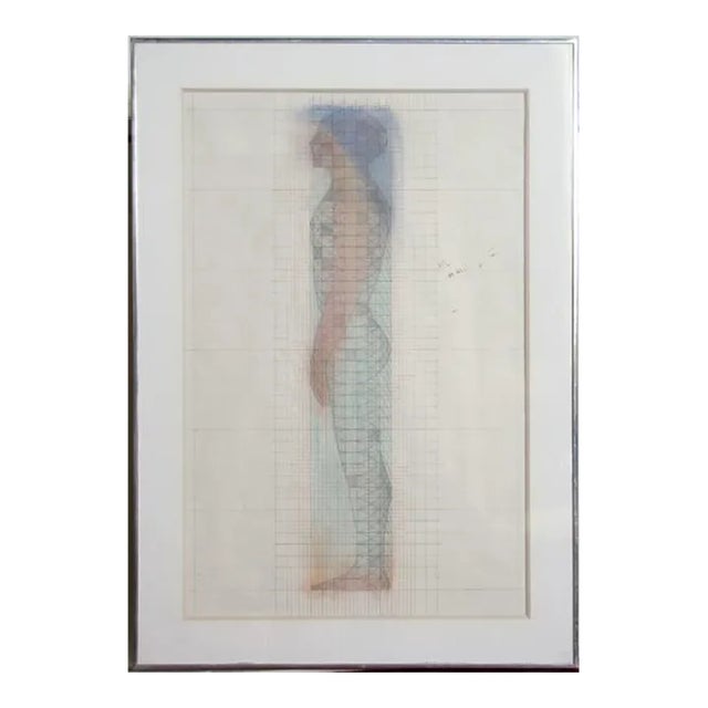 Man in a Grid, John W. Ford Mixed Media, Pencil, Pen, With Pastel, Signed in Pencil Lower Right For Sale