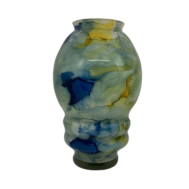 Contemporary Modern Art Glass Vase With Blues Greens and Yellows, Unsigned For Sale - Image 13 of 13
