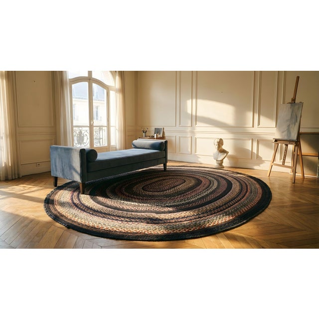 1930s Multicolor Classic Antique American Braided Round Rug 8'10 X 9'9" Wool Carpet For Sale - Image 15 of 16