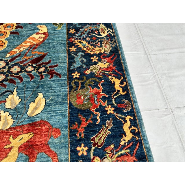 Blue Afghan Pictorial Tree of Life Hand-Knotted Wool Rug - 9'9" X 6'7" For Sale - Image 14 of 17