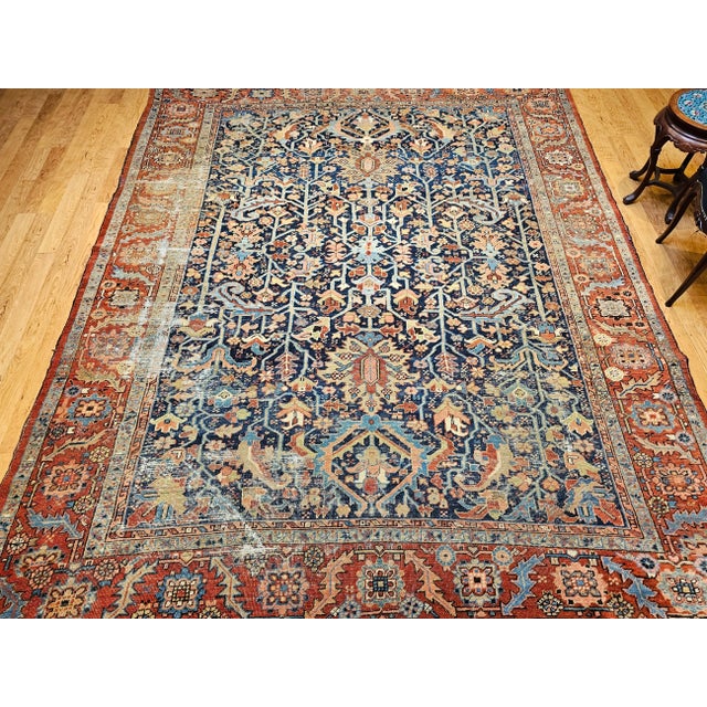 19th Century Hand-Knotted Persian Heriz Serapi Rug, Tree of Life, Blue , For Sale - Image 11 of 12