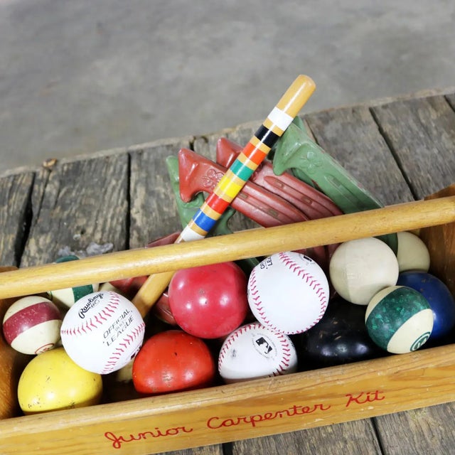 Glass Object D ’Art Centerpiece Junior Carpenter Kit Tool Box With Balls and Horseshoes For Sale - Image 7 of 13