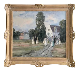 Impressionist Lakeside Country Scene Oil Painting