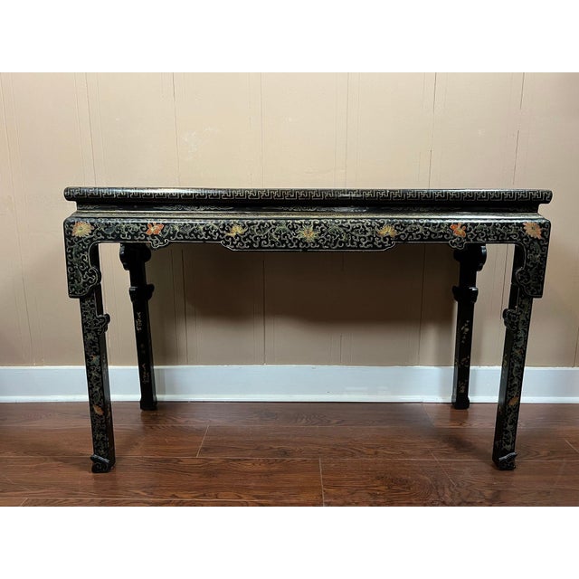 Vintage Chinese Console Table Black Lacquer Chinoiserie Gilt Hand Painted C1950 For Sale - Image 17 of 18