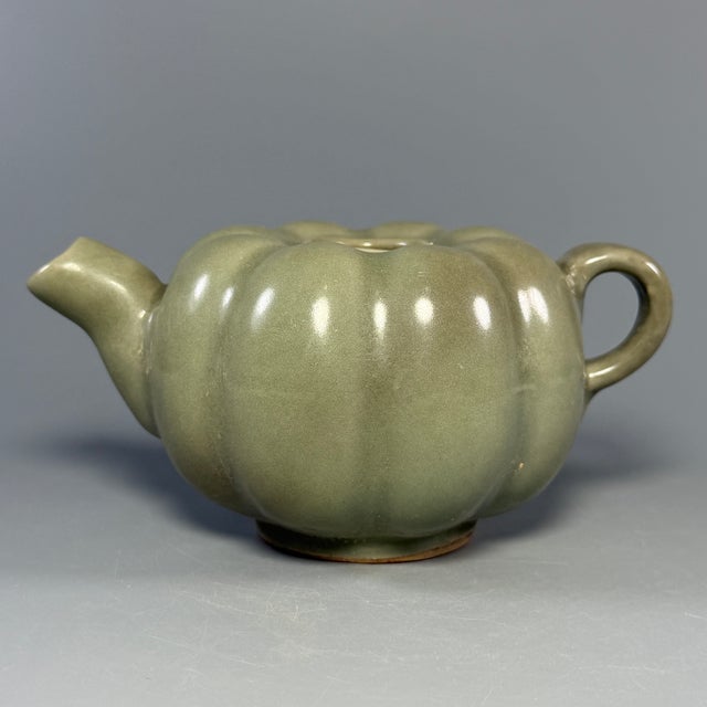 Chinese Antique Chinese Celadon Melon‑Shaped Ewer, Collectible Antique For Sale - Image 3 of 6