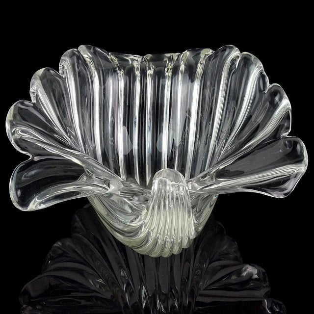 Cartier Cartier Signed Murano Seguso Vintage Crystal Clear Ribbed Surface Italian Art Glass Seashell Shell Bowl For Sale - Image 4 of 11