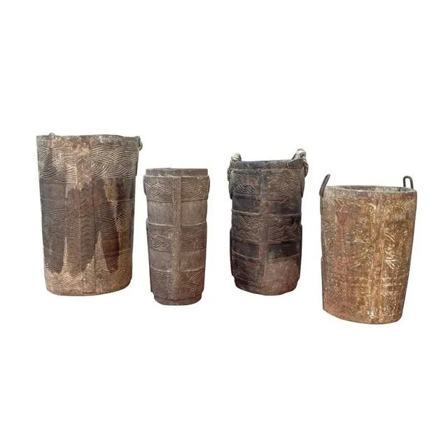 Rustic Early 20th Century Nepalese Carved Milk Jugs- a Set of 4 For Sale - Image 3 of 8