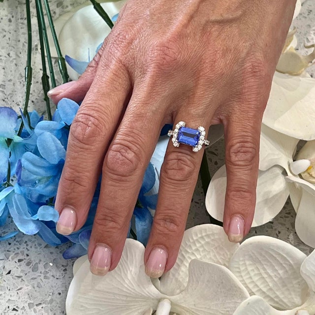 2010s Natural Tanzanite Diamond Ring Size 6.5 14k W Gold 3.89 TCW Certified For Sale - Image 5 of 12