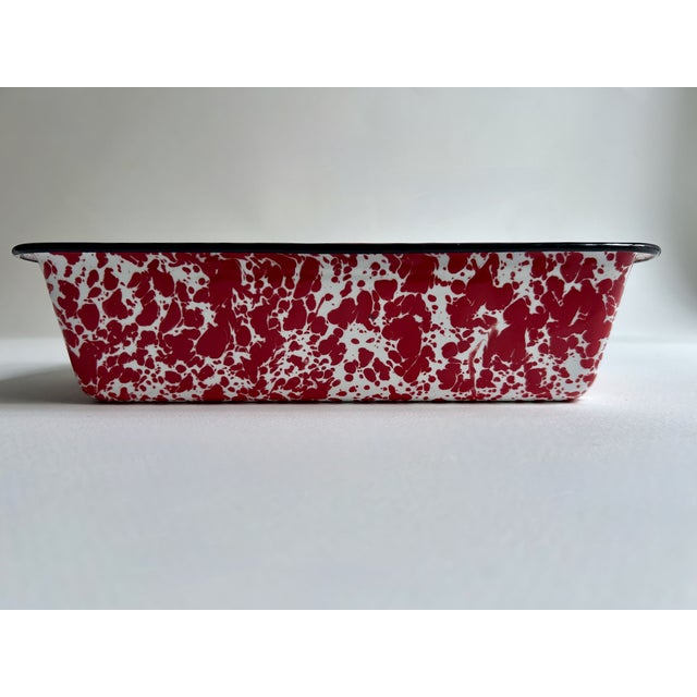 Farmhouse Vintage Red & White Splatter Enamelware Loaf Pan For Sale - Image 3 of 14