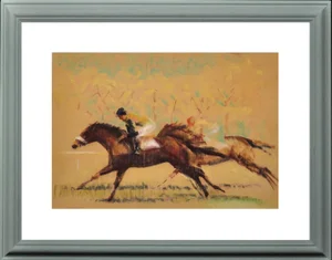 John Rattenbury Skeaping, Into the Final Furlong, 1965, Pastel Drawing, Framed