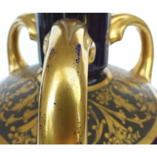 Ceramic Antique Sevres Porcelain Urn Vases in Cobalt Blue With Gilt Accents - a Pair For Sale - Image 7 of 12
