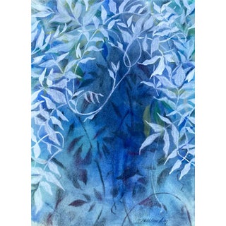 Blue and White, "Vine 2" Contemporary Botanical Mixed-Media Painting by Kathleen Ney For Sale